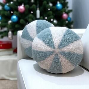 2 Peppermint Spiral Pillow Throw Blue & White Sherpa 12 in Christmas Decor NEW